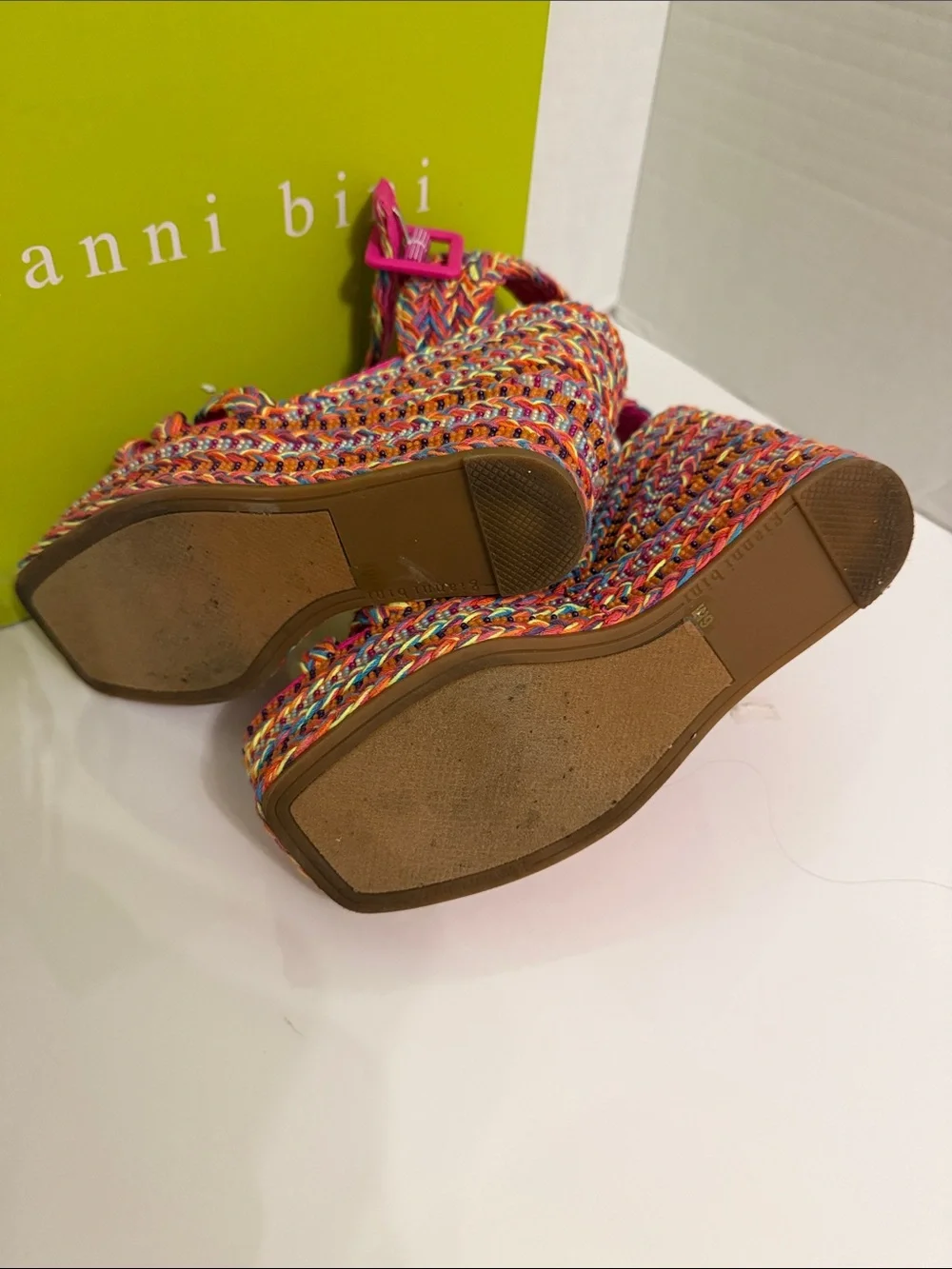 Gianni Bini Santi Multicolor Braided Wedge Sandals - Hot Pink Trim 6M